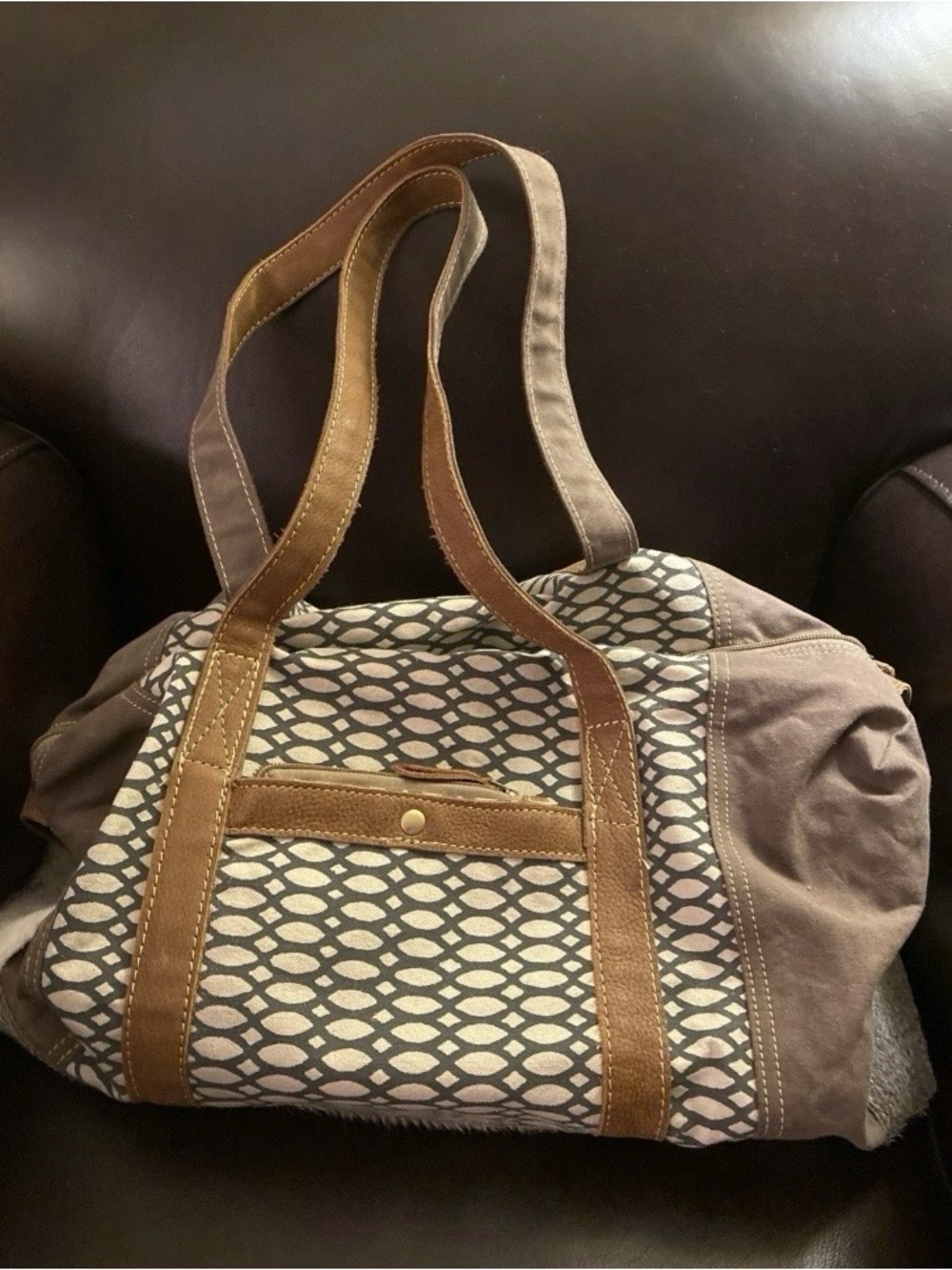 Myra Bag Canvas Overnight Bag with Brown Leather Trim - Neutral Pattern